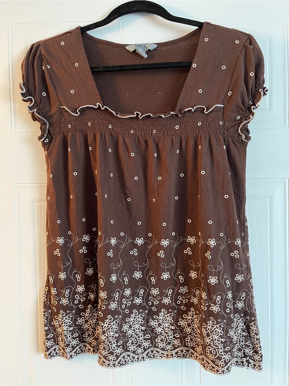 MIKK Couture Brown Eyelet Embroidered Babydoll Top Y2K Coquette Size Large